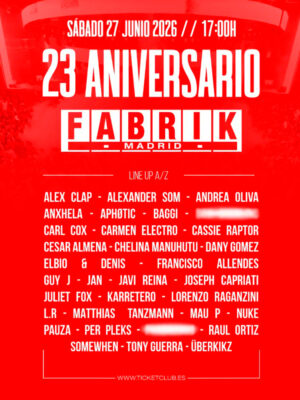 Cartel del 23 aniversario de FABRIK Madrid para el sábado 27 de junio de 2026 a las 17:00h, con fondo rojo y line up completo de artistas de música electrónica encabezado por Carl Cox, junto a Joseph Capriati, Andrea Oliva, Guy J y Matthias Tanzmann.