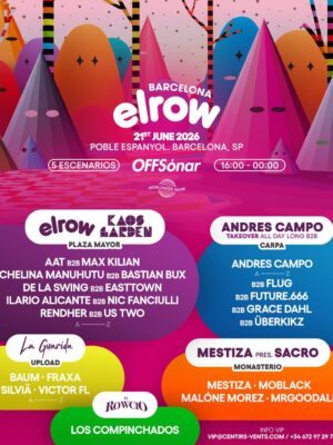 Flyer de estilo colorido, psicodélico y cartoon con predominio de tonos rosa, morado, azul, naranja y verde neón. El diseño muestra figuras abstractas y personajes geométricos inspirados en el universo visual característico de elrow, creando una atmósfera festiva y surrealista. La tipografía es redondeada y moderna, destacando el logo de elrow Barcelona en color blanco sobre un fondo vibrante. El cartel distribuye la información en bloques de colores para cada escenario y artista, reforzando la estética dinámica y divertida del festival. El ambiente visual transmite energía festivalera, cultura rave y una identidad muy vinculada al house, techno y grandes eventos electrónicos internacionales.