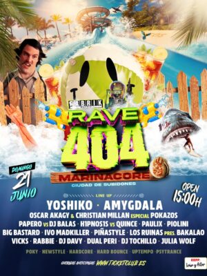 Flyer de estilo caótico, colorido y surrealista con predominio de tonos azul, verde neón, rosa y amarillo. El diseño muestra una temática acuática y veraniega con toboganes de agua, olas, pistolas de agua, tiburones y elementos humorísticos relacionados con la cultura meme y rave. En el centro destaca el logo RAVE 404 MARINACORE con tipografía tridimensional en colores fluorescentes. La composición incluye múltiples personajes y detalles visuales extravagantes que aportan una estética divertida y extrema vinculada al hardcore y hard dance. En la parte inferior aparece un extenso line up sobre fondo azul oscuro junto al logo de Fabrik Madrid. El cartel transmite una atmósfera desenfadada, energética y completamente orientada a la cultura rave underground.