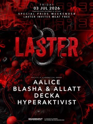Flyer promocional de LASTER en Bassmnt Madrid con diseño oscuro en tonos negros y rojos. El cartel presenta elementos florales, una serpiente central y tipografía roja de gran tamaño sobre fondo abstracto, acompañado de los nombres de Aalice, Blasha & Allatt, Decka y Hyperaktivist en estética vinculada al hard techno y la cultura rave underground.