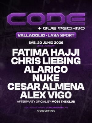 Flyer de estilo oscuro y minimalista con predominio de colores negro, morado y blanco. El diseño destaca el logo de CODE en color púrpura neón en la parte superior junto al texto OVE TECHNO y la ubicación Valladolid - Lasa Sport. La tipografía es grande, sólida y moderna, resaltando artistas como Fatima Hajji, Chris Liebing, Alarico y Cesar Almena en letras blancas de gran impacto visual. El fondo presenta texturas abstractas oscuras que refuerzan la estética industrial y underground vinculada al techno y hard techno. El cartel transmite una atmósfera rave contemporánea y una identidad visual potente orientada a eventos electrónicos de gran formato.