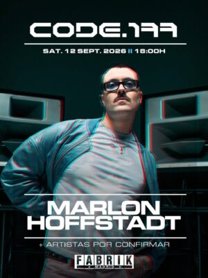 Flyer de estilo moderno y futurista con predominio de colores oscuros, verdes y tonos cian. El diseño muestra un retrato de Marlon Hoffstadt frente a grandes altavoces en un entorno industrial y minimalista. La imagen utiliza un efecto visual tipo glitch o distorsión 3D que aporta una estética rave contemporánea. La tipografía es geométrica, robusta y en color blanco, destacando el nombre del artista y el branding de CODE.177 en la parte superior. En la zona inferior aparece el logo de Fabrik Madrid, reforzando la identidad del evento dentro de la escena techno y electrónica underground.
