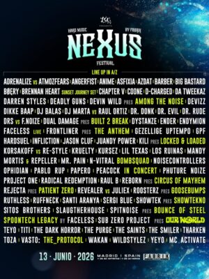 La imagen muestra el cartel promocional oficial de Nexus Festival 2026 by Fabrik, un evento de música hard que se celebrará el 13 de junio de 2026 en Madrid, España, dentro de la reconocida sala Fabrik Madrid. El diseño tiene un fondo oscuro con efectos azules y espaciales que crean una estética futurista y energética. En el centro destaca el logo grande de NEXUS Festival, acompañado por el texto “Hard Music”. Debajo aparece un extenso line up en orden alfabético con artistas de géneros como hardstyle, hardcore, rawstyle y uptempo, incluyendo nombres destacados como: Adrenalize Angerfist Brennan Heart Deadly Guns Frontliner Ophidian Showtek Korsakoff D-Sturb Radical Redemption Sub Zero Project The Purge Spitnoise The Smiler También se anuncian varios shows especiales y presentaciones exclusivas resaltadas en color amarillo, como: Among The Noise Locked & Loaded Circus of Mayhem Patient Zero Bounce of Steel Our World En la parte inferior del cartel aparece la fecha del evento, la ubicación en Madrid y el logo de Fabrik. El estilo visual transmite intensidad, energía y ambiente rave propio de los grandes festivales de música electrónica hard.
