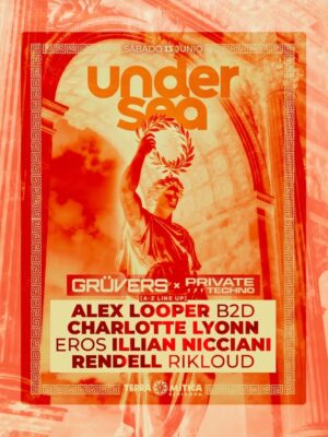 Cartel promocional del área techno de Undersea Festival 2026 celebrado en Terra Mítica Benidorm. El diseño utiliza tonos anaranjados y rojizos con inspiración clásica y estética grecorromana, mostrando una estatua sosteniendo una corona de laureles en el centro de la composición. El póster anuncia la colaboración entre Grüvers y Private Techno dentro del festival e incluye un lineup underground formado por Alex Looper B2D, Charlotte Lyonn, Eros, Illian Nicciani, Rendell y Rikloud. La gráfica mezcla elementos rave modernos con arquitectura clásica, reforzando la identidad visual inmersiva y temática del festival acuático Undersea.