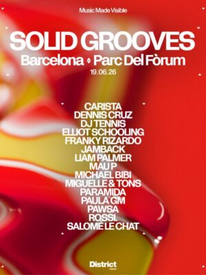 Flyer oficial de SOLID GROOVES Barcelona 2026 con diseño abstracto en tonos rojos, amarillos y blancos. El cartel presenta tipografía blanca en gran formato sobre fondo artístico líquido y destaca el line up completo del evento en Parc del Fòrum con estética moderna y minimalista vinculada a la música electrónica underground.