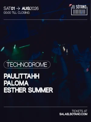 El flyer utiliza una paleta de colores negro, azul oscuro, verde y blanco, con una fotografía de una pista de baile iluminada por luces de club como fondo. Son visibles los artistas Paulittahh, Paloma y Esther Summer. La tipografía es sans serif, moderna, limpia y en mayúsculas, con predominio del color blanco para resaltar la información sobre el fondo oscuro. El cartel transmite un ambiente nocturno, íntimo y underground, propio de una sesión de techno y música electrónica en un club.