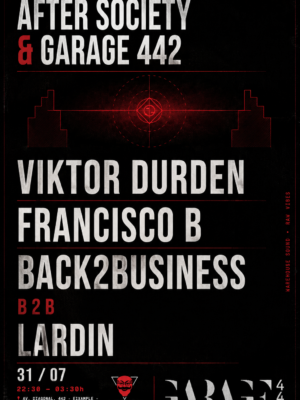 Flyer con una paleta de colores negra, blanca y roja, de estilo minimalista, industrial y underground. Destacan los nombres de Viktor Durden, Francisco B, Back2Business y Lardin mediante una tipografía sans serif condensada de gran tamaño, con detalles gráficos geométricos en rojo sobre fondo oscuro. El cartel transmite un ambiente sobrio, nocturno y propio de una sesión de techno y música electrónica underground.