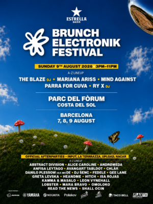 Flyer de Brunch Electronik Festival con un diseño en tonos azules y verdes, cielo despejado y colinas naturales. Destaca el cartel del 9 de agosto de 2026, el lineup principal y las afterparties oficiales en una tipografía moderna y llamativa con un estilo fresco y veraniego.