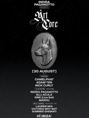 Cartel oficial de ArtCore con una estética minimalista sobre fondo negro degradado. En la parte superior destaca el logotipo de ArtCore, presentado por Indira Paganotto, acompañado por un gran medallón plateado con la figura de un dóberman, imagen icónica de la marca. Bajo el emblema aparece la fecha del evento y la programación distribuida por escenarios (Theatre, Club Room ArtCore y Wild Corner by Beatport Live) mediante una composición vertical con tipografía blanca de gran tamaño. El diseño transmite una imagen elegante, oscura y sofisticada, muy característica de las fiestas de techno y música electrónica celebradas en Hï Ibiza.