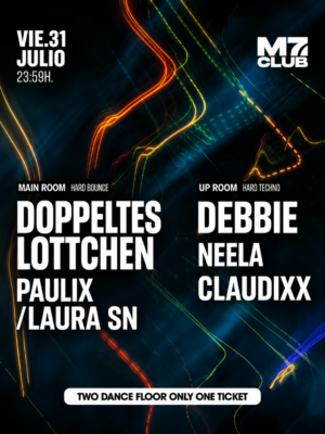 Flyer en tonos azul oscuro, negro, amarillo, naranja y verde, con un estilo moderno y dinámico basado en estelas de luz. Destacan Doppeltes Lottchen, Paulix, Laura SN, Debbie, Neela y Claudixx, con tipografía sans serif de gran formato y alto contraste. El cartel transmite un ambiente nocturno, enérgico y orientado a la cultura club y la música electrónica.