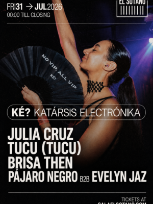 Flyer con una paleta de colores negro, blanco y tonos cálidos procedentes de la iluminación de club, protagonizado por una fotografía de una asistente bailando mientras sostiene un abanico negro. Son visibles los artistas Julia Cruz, Tucú (Tucu), Brisa Then, Pájaro Negro y Evelyn Jaz. La tipografía es sans serif, moderna y de gran tamaño, en color blanco sobre un fondo fotográfico oscuro que facilita la lectura. El cartel transmite un ambiente festivo, cercano y propio de una noche de música electrónica en un club, reforzando la identidad de la fiesta mediante una imagen espontánea de pista de baile.