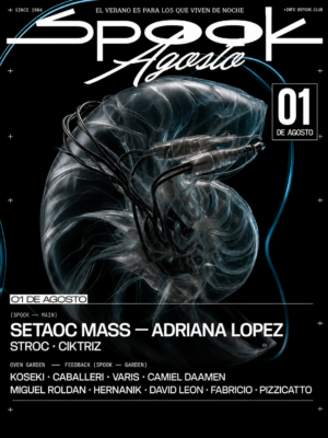 El flyer presenta una estructura orgánica de aspecto biomecánico y transparente, formada por cables y conexiones que evocan una criatura futurista suspendida sobre un fondo negro. Predominan los colores negro, gris metálico, blanco y detalles en azul eléctrico, reforzando una estética tecnológica y vanguardista. La tipografía blanca, limpia y de gran tamaño resalta la marca Spook y el cartel artístico, mientras que el diseño transmite una atmósfera oscura, industrial y futurista, muy vinculada a la escena techno y la música electrónica underground.