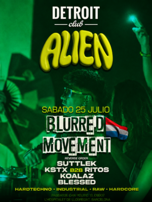 El flyer utiliza una estética dominada por tonos verdes con una fotografía desenfocada de una pista de baile repleta de público como fondo. En la parte superior destaca el logotipo de Detroit Club y el nombre Alien en una tipografía amarilla con efecto tridimensional. En el centro aparece el título Blurred Movement acompañado de una bandera de Países Bajos, seguido del cartel de artistas. La tipografía combina estilos industriales y digitales en blanco con detalles amarillos, mientras que en la parte inferior se indican los géneros musicales Hard Techno, Industrial, Raw y Hardcore, reforzando la identidad underground y rave del evento.