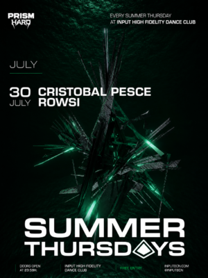 Flyer en tonos negro, verde y blanco, con un estilo futurista e industrial protagonizado por una estructura abstracta en 3D. Destacan Cristobal Pesce y Rowsi con una tipografía sans serif moderna y de gran tamaño. El cartel transmite un ambiente oscuro, tecnológico y propio de la escena hard techno.