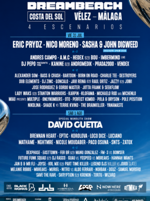 Cartel oficial de Dreambeach Costa del Sol 2026 con fondo en tonos azules y el logotipo del festival en la parte superior. El diseño anuncia la programación de los cuatro escenarios para los días 31 de julio y 1 de agosto en Vélez-Málaga. Destacan como principales reclamos Eric Prydz, Nico Moreno, Sasha & John Digweed y David Guetta, acompañados por decenas de artistas distribuidos por orden alfabético. En la parte inferior aparecen los logotipos de los escenarios invitados, entre ellos Blackworks, Híbrida Festival, Loop, Now Here by Paco Osuna y Ritmika, junto a las entidades organizadoras y colaboradoras del festival.
