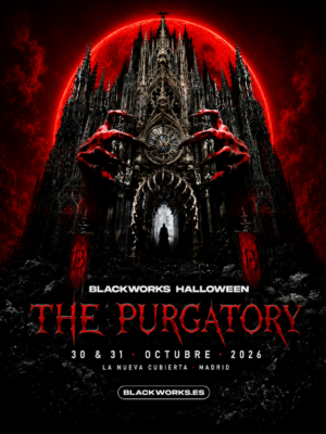 El flyer muestra una estética oscura de inspiración gótica y terrorífica, dominada por tonos negros y rojos intensos. En el centro aparece una imponente catedral gótica frente a una enorme luna roja, acompañada por unas gigantescas manos demoníacas que rodean la fachada principal. En la entrada se distingue una figura encapuchada que refuerza el ambiente de misterio. El título "The Purgatory" utiliza una tipografía inspirada en el cine de terror, mientras que el logotipo de Blackworks Halloween y la información del evento aparecen en blanco y rojo. La composición transmite una atmósfera apocalíptica, oscura e inmersiva, perfectamente alineada con la identidad visual de Halloween y del hard techno underground.
