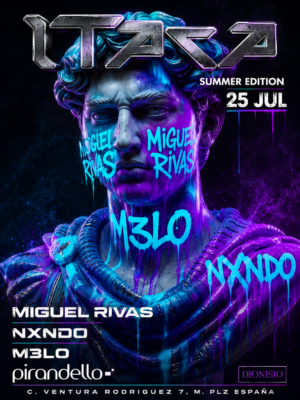 El flyer presenta un busto clásico inspirado en una escultura grecorromana, intervenido con pintura fluorescente en tonos azules, morados y turquesa, creando un efecto de grafiti líquido. En la parte superior destaca un logotipo metálico de estilo futurista y la indicación Summer Edition 25 Jul. Los nombres de Miguel Rivas, NXNDO y M3LO aparecen integrados sobre la escultura con tipografía de efecto neón. El fondo oscuro y los colores vibrantes transmiten una estética cyberpunk y moderna, asociada a la escena techno y electrónica underground.
