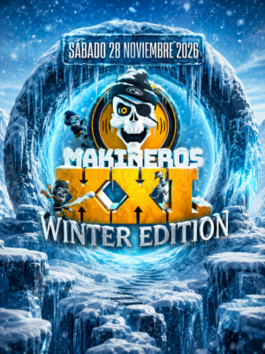 Cartel oficial de Makineros XXL Winter Edition con una temática inspirada en el invierno. El diseño muestra un paisaje helado en tonos azules, blancos y turquesa, presidido por un gran portal de hielo con estalactitas y un logotipo central protagonizado por una calavera con parche en el ojo sobre un altavoz. El nombre Makineros XXL Winter Edition aparece en una tipografía tridimensional de gran tamaño con efectos de nieve y hielo. La ilustración incorpora varios personajes animados escalando y rodeando el logotipo, reforzando la estética desenfadada del evento. En la parte superior figura la fecha sábado 28 de noviembre de 2026, mientras que el conjunto transmite una imagen impactante y festiva que combina la identidad del sonido makina con una ambientación completamente invernal.
