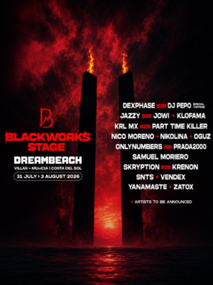 El flyer presenta una estética oscura y apocalíptica dominada por tonos negros y rojos intensos. En el centro destacan dos enormes monolitos negros coronados por llamas, rodeados por un cielo rojizo y un horizonte iluminado al atardecer sobre el mar. El logotipo de Blackworks Stage aparece en rojo con una tipografía agresiva, mientras que el cartel de artistas se muestra en blanco con detalles en rojo para los sets B2B. La composición transmite fuerza, misterio e intensidad, reflejando la identidad visual del hard techno y la esencia underground de Blackworks en Dreambeach Festival.
