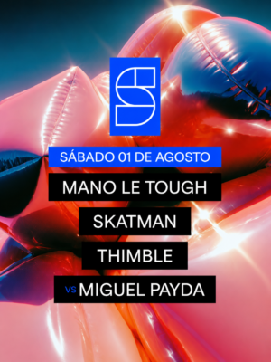 Cartel oficial de Studio Club Invites con un diseño moderno y abstracto protagonizado por figuras geométricas tridimensionales de acabado brillante en tonos rosas, azules, rojos y metálicos. En la parte superior destaca el logotipo azul de Studio Club, acompañado por una banda con la fecha sábado 1 de agosto. En el centro del cartel aparecen los nombres de Mano Le Tough, Skatman, Thimble y el enfrentamiento VS Miguel Payda, distribuidos sobre bloques negros con tipografía blanca. La composición mantiene una estética minimalista, futurista y colorida, centrando toda la atención en el line-up del evento.