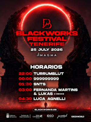 El flyer presenta una estética oscura y cinematográfica dominada por tonos negros y rojos intensos. En el centro destaca un gran anillo luminoso rojo entre dos enormes formaciones rocosas, creando una atmósfera apocalíptica y futurista. El nombre Blackworks Festival Tenerife aparece en una tipografía agresiva de color rojo, mientras que los horarios y artistas se muestran en blanco para facilitar la lectura. El diseño transmite una sensación de potencia, misterio e intensidad, muy alineada con la identidad visual del hard techno y los festivales underground.