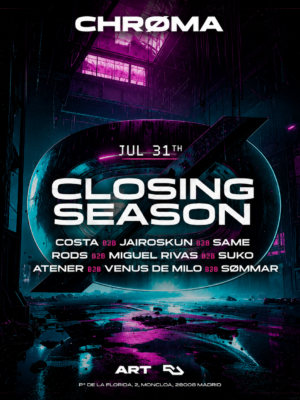 El flyer utiliza una paleta de colores negro, azul cian, turquesa y magenta neón, creando una estética futurista, cyberpunk e industrial. En el centro aparece una gran estructura tridimensional iluminada con reflejos sobre un suelo mojado dentro de una nave industrial oscura. Son visibles los artistas Costa, Jairoskun, Same, Rods, Miguel Rivas, Suko, Atener, Venus de Milo y Sømmar. La tipografía es moderna, geométrica, en mayúsculas y de gran impacto visual, con predominio del color blanco sobre el fondo oscuro. El conjunto transmite un ambiente inmersivo, tecnológico, nocturno y claramente orientado al techno underground y la cultura club.
