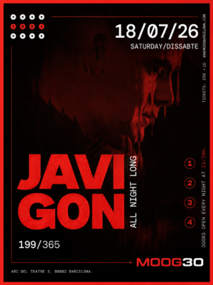 El flyer utiliza una paleta de colores negro, rojo intenso y blanco, con una estética minimalista, oscura y contemporánea. En el fondo aparece un retrato parcialmente iluminado en tonos rojos, mientras que el nombre Javi Gon domina la composición en una tipografía sans serif, gruesa, en mayúsculas y de gran formato. También destaca el texto "All Night Long", reforzando el concepto del evento. El cartel transmite un ambiente nocturno, elegante y underground, muy alineado con la identidad visual de Moog Club y la cultura del techno de club.