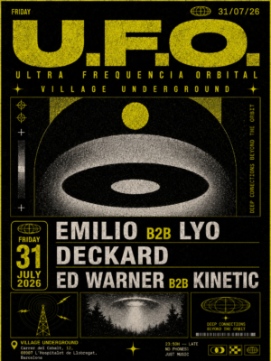 Flyer en negro, amarillo y blanco, con un estilo retrofuturista inspirado en la ciencia ficción y el espacio. Destacan Emilio B2B Lyo, Deckard y Ed Warner B2B Kinetic, mediante una tipografía sans serif de gran formato y diseño geométrico. El cartel transmite un ambiente misterioso, tecnológico y propio de una sesión de música electrónica underground.