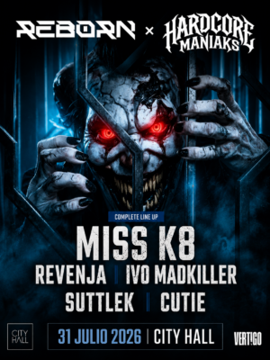 Flyer con tonos negros, azules y rojos, de estilo oscuro y terrorífico. Destaca una criatura con ojos rojos brillantes y los artistas Miss K8, Revenja, Ivo Madkiller, Suttlek y Cutie, con tipografía grande, desgastada y de alto impacto. El cartel transmite un ambiente intenso, agresivo y propio de una rave hardcore.