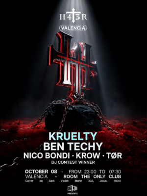Flyer de estética oscura con predominio de negros, rojos y blancos. En el centro destaca un gran logotipo metálico iluminado en rojo, sujeto por cadenas sobre una roca bajo un potente haz de luz. En la parte inferior aparecen los artistas Kruelty, Ben Techy, Nico Bondi, Krow y TØR en tipografía blanca de gran tamaño, junto con la fecha, el horario y la ubicación del evento. El diseño transmite una atmósfera industrial, agresiva y cinematográfica, muy representativa de un evento de hard techno e industrial techno.