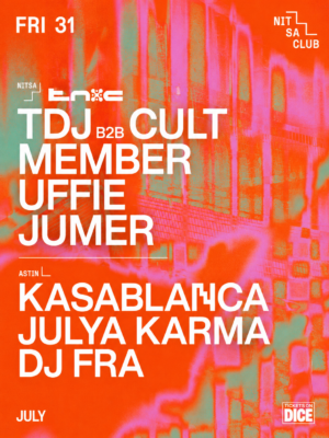 Flyer en naranja, rosa, turquesa y blanco, con un estilo gráfico experimental y efecto glitch. Destacan TDJ B2B Cult Member, Uffie, Jumer, Kasablanca, Julya Karma y DJ Fra, mediante una tipografía sans serif de gran formato y alto contraste. El cartel transmite un ambiente moderno, vibrante y orientado a la música electrónica y la cultura club.