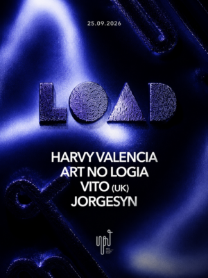 Cartel promocional de estética minimalista y futurista, dominado por una paleta de tonos azules, negros y blancos con iluminación difusa y efectos metálicos. En la parte superior destaca el logotipo de LOAD, mientras que en el centro aparece el line up formado por Harvy Valencia, Art No Logia, Vito (UK) y Jorgesyn en tipografía blanca de gran tamaño. En la parte inferior se encuentra el logotipo de Input High Fidelity Dance Club. El diseño apuesta por una composición limpia y elegante, transmitiendo una atmósfera sofisticada y contemporánea, propia de los eventos de música electrónica y techno celebrados en Barcelona.