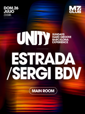 Flyer en tonos negro, rojo, naranja, azul y violeta, con un estilo visual moderno y abstracto basado en degradados y formas difuminadas. Destacan los artistas Estrada y Sergi BDV con una tipografía sans serif gruesa y de gran tamaño. El cartel transmite un ambiente nocturno, energético y orientado al hard groove y al clubbing.