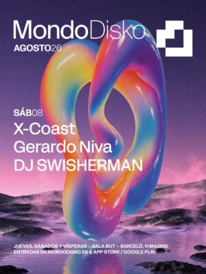 El cartel promocional de Mondo Disko Agosto 2026 muestra una gran escultura tridimensional de acabado brillante e iridiscente en tonos azul, violeta, rosa, naranja y amarillo situada sobre una superficie de agua rodeada por rocas oscuras. El fondo presenta un paisaje nocturno con un cielo estrellado en tonos púrpura y una ligera neblina rosada que envuelve el escenario, reforzando la estética futurista de la identidad visual de la temporada. En la parte superior aparecen el logotipo de Mondo Disko, la referencia a Agosto 2026 y el isotipo blanco de la marca. En el lateral izquierdo se indica la fecha sábado 8, seguida del line up compuesto por X-Coast, Gerardo Niva y DJ SWISHERMAN, utilizando una tipografía blanca de gran tamaño. En la parte inferior se mantiene la información permanente del ciclo de eventos, indicando que las sesiones se celebran en Sala BUT (Barceló 11, Madrid) y que las entradas pueden adquirirse a través de la web y la aplicación oficial de Mondo Disko. El diseño mantiene la estética minimalista, limpia y contemporánea que caracteriza la imagen gráfica de Mondo Disko durante la temporada 2026.