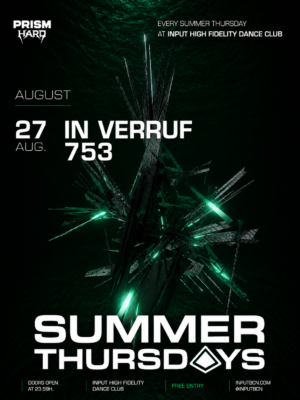 Flyer en tonos negro, verde y blanco, con un estilo futurista e industrial protagonizado por una estructura abstracta en 3D. Destacan In Verruf y 753 con una tipografía sans serif moderna y de gran tamaño. El cartel transmite un ambiente oscuro, tecnológico y característico de la escena hard techno.