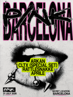 Flyer en blanco, negro, rosa y amarillo fluorescente, con un estilo gráfico punk y underground. Destacan Arkan, CLTX, Rattlesnakke y Aprile, con tipografía de gran formato, efecto graffiti y bloques de texto en alto contraste. El cartel transmite un ambiente alternativo, transgresor y propio de una fiesta de techno underground.