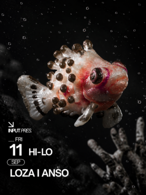 Flyer de estilo minimalista y artístico, con predominio de tonos negro, gris, blanco y matices rosados. La imagen principal muestra un pez de aspecto exótico flotando sobre un fondo submarino desenfocado, aportando una estética surrealista y orgánica. La tipografía blanca, moderna y de alto contraste destaca la fecha 11 de septiembre (viernes), la identidad Input Pres. y el line up formado por HI-LO, Loza y Anso. El diseño transmite una atmósfera elegante, contemporánea e inmersiva, alineada con la identidad visual de los eventos de música electrónica y techno celebrados en Input High Fidelity Dance Club.
