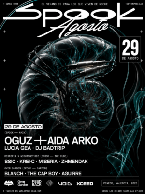 El flyer presenta una estética futurista e industrial sobre un fondo negro, con una estructura biomecánica translúcida de gran tamaño atravesada por cables y detalles tecnológicos en tonos gris, azul y turquesa. El diseño utiliza tipografía blanca de gran formato para destacar la fecha y los artistas principales, mientras que efectos de humo y líneas luminosas refuerzan una atmósfera oscura, tecnológica y propia de la escena techno y la música electrónica underground.