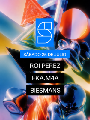 Cartel oficial de Studio Club Invites con una estética moderna y abstracta. El diseño presenta un fondo formado por figuras geométricas tridimensionales en tonos azules, naranjas, blancos y metálicos, creando una composición futurista y colorida. En la parte superior aparece el logotipo azul de Studio Club, seguido de una franja con la fecha sábado 25 de julio. En el centro del cartel destacan los nombres de Roi Perez, FKA.m4a y Biesmans sobre bloques negros con tipografía blanca, manteniendo un diseño limpio, minimalista y enfocado en el line-up del evento.