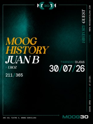 Flyer en tonos negro, verde turquesa y amarillo, con un estilo minimalista y contemporáneo. Destacan Juan B y Uroz mediante una tipografía serif y sans serif de gran contraste. El cartel transmite un ambiente elegante, underground y representativo de la escena techno de Barcelona.