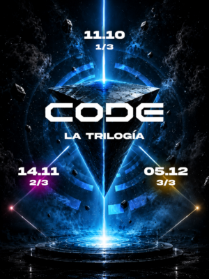 Cartel oficial de CODE: La Trilogía con una estética futurista inspirada en la ciencia ficción. Sobre un fondo espacial en tonos negros y azul eléctrico destaca una gran figura geométrica tridimensional atravesada por un haz de luz azul. En el centro aparece el logotipo de CODE junto al título "La Trilogía", mientras que alrededor se muestran las tres fechas del 23º aniversario: 11.10 (1/3), 14.11 (2/3) y 05.12 (3/3). La composición utiliza efectos de partículas, iluminación y elementos flotantes para transmitir una imagen tecnológica, inmersiva y de gran impacto visual, representando las tres jornadas especiales que conforman esta edición de CODE en Fabrik Madrid.