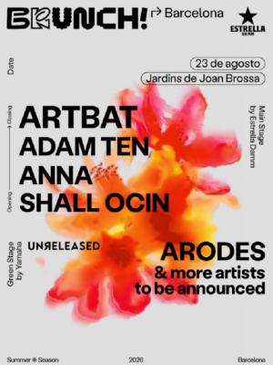 El flyer presenta un diseño minimalista sobre un fondo gris claro, con una gran ilustración floral desenfocada en tonos naranja, rojo, amarillo y blanco situada en el centro de la composición. La tipografía es sans serif, en color negro y de gran tamaño, destacando los nombres de ARTBAT, Adam Ten, ANNA y Shall Ocin en la parte izquierda, mientras que ARODES aparece en la parte derecha acompañado del texto "more artists to be announced", indicando que el cartel aún no está completo. En los laterales se muestran de forma vertical las referencias a los escenarios Main Stage by Estrella Damm y Green Stage by Yamaha, además del espacio UNRELEASED. La parte inferior incorpora las menciones Summer Season 2026 y Barcelona, manteniendo una composición limpia y muy visual. El conjunto transmite una imagen moderna, elegante y artística, característica de la identidad gráfica de Brunch Electronik y de los festivales de música electrónica al aire libre.