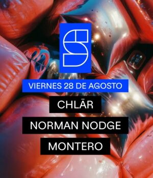 Cartel oficial de Studio Club Invites con una estética futurista protagonizada por formas geométricas tridimensionales de acabado brillante en tonos rojos, plateados, negros y azules. En la parte superior aparece el logotipo azul de Studio Club, acompañado por una banda con la fecha viernes 28 de agosto. En el centro del cartel destacan los nombres de Chlär, Norman Nodge y Montero, presentados sobre bloques negros con tipografía blanca. El diseño mantiene un estilo minimalista y moderno, centrando toda la atención en el line-up del evento mediante una composición limpia y visualmente impactante.