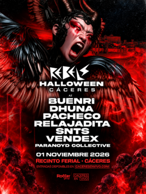 Halloween Cáceres reúne a SNTS, Vendex, Buenri, Dhuna, Pacheco, Relajadita y Paranoid Collective el 1 de noviembre en el Recinto Ferial de Cáceres.