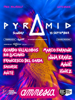 Pyramid Ibiza presenta una nueva sesión en Amnesia el 13 de septiembre de 2026 con Ricardo Villalobos B2B Luciano, Marco Faraone, Nina Kraviz, Francesco Del Garda y más.
