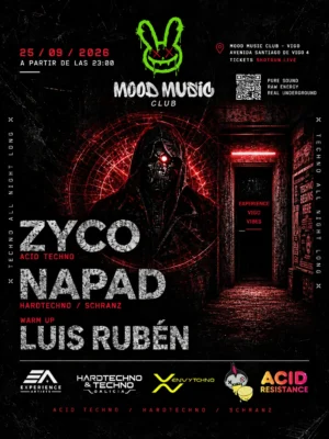 Cartel de ZYCO & NAPAD: 25 de septiembre de 2026 en Mood Music Club, Vigo con ZYCO y NAPAD