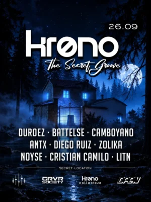Cartel de KRØNO – THE SECRET GROOVE VOL.2: 26 de septiembre de 2026 en Secret Location, Alicante con DUROEZ y BATTELSE