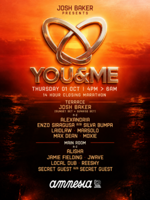Josh Baker Presents You & Me: 14 Hour Closing Marathon, de 16:00 a 06:00 en Amnesia Ibiza.