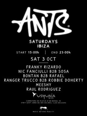 ANTS Closing Party llega el 3 de octubre a Ushuaïa, Ibiza, con Franky Rizardo, Nic Fanciulli B2B Sosa, Bontan B2B Rafael y más artistas.