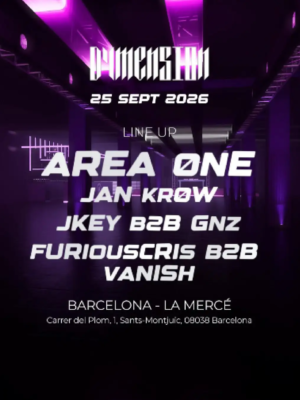 Cartel de 7ª DYMENSION LA MERCÈ: 25 de septiembre de 2026 en Atlantic Sound, Barcelona con AREA ØNE y JAN KRØW